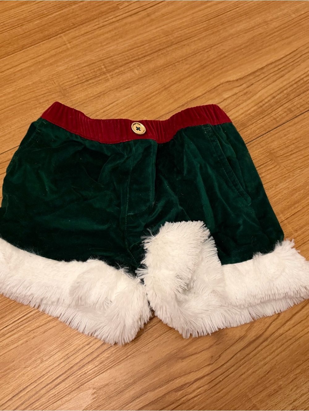 chubbies Green Velvet Holiday Shorts with Red Waistband and White Faux Fur Trim